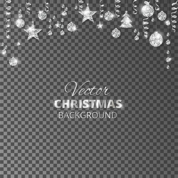 闪闪发光的圣诞装饰品。银嘉年华边界。节日花环与悬挂的球和丝带孤立在透明的背景。图片下载