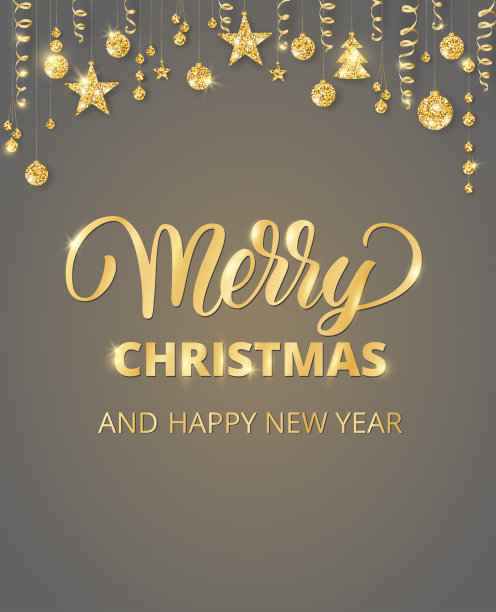 手写的圣诞快乐。金光闪闪的花边，花环上挂着球和丝带。图片下载
