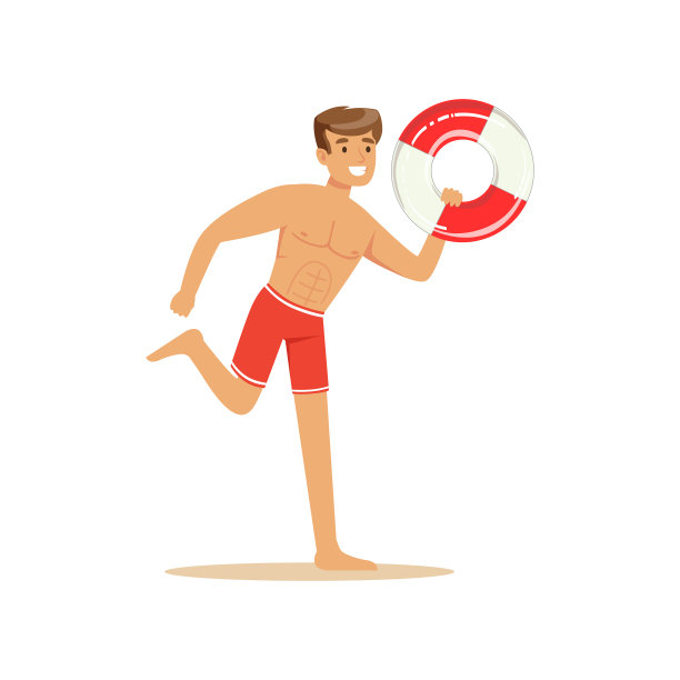 男救生员穿着红色短裤带着救生圈奔跑，专业救援人员在沙滩上矢量插画图片下载