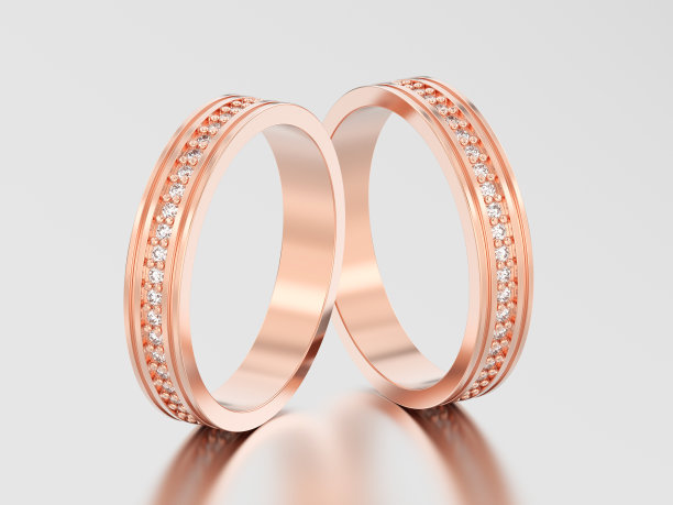 3D插图两玫瑰金订婚婚戒钻石戒指与反射和影子图片下载