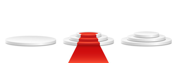 带有红地毯的白色领奖台。 冠军是第一名。 探照灯的明亮白光。 光的基座。 节日活动。 矢量插图图片下载