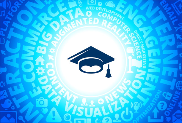 毕业帽图标在互联网现代技术词汇背景下图片下载