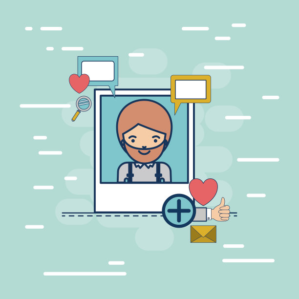 相框与半身体胡子男子与多媒体图标在彩色装饰的背景图片下载