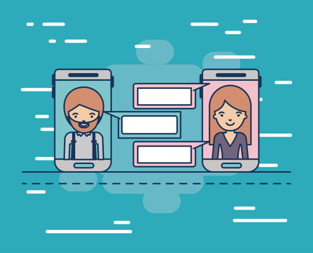 多媒体应用在设备技术智能手机沟通的女人和男人在多彩的装饰背景图片下载