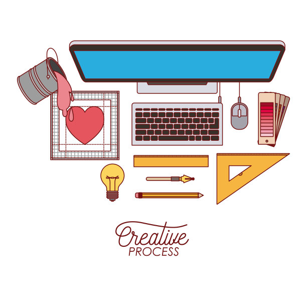 桌面电脑俯视图创意过程与元素平面设计的白色背景图片下载