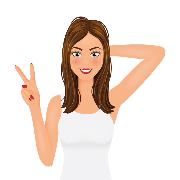 美女秀和平手。年轻漂亮的女孩手放在脑后做着胜利的象征。图片下载