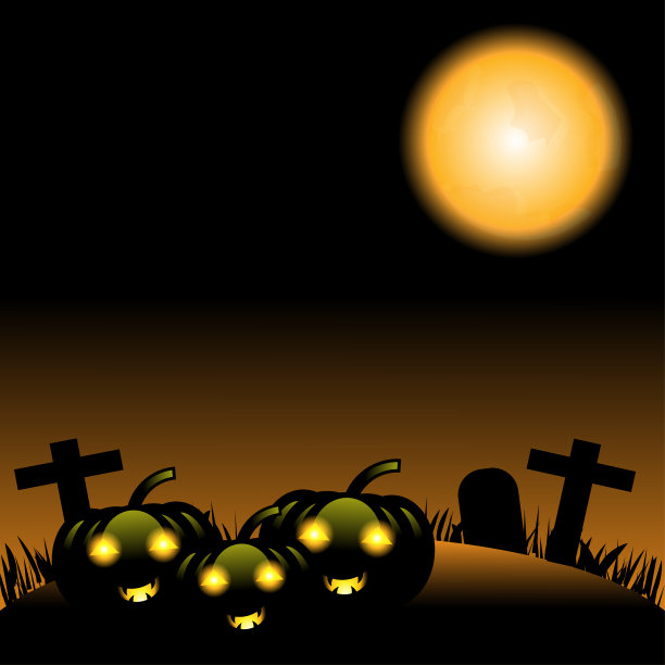 万圣节南瓜和黑暗十字架和坟墓在橙色的月亮背景，插图。图片下载
