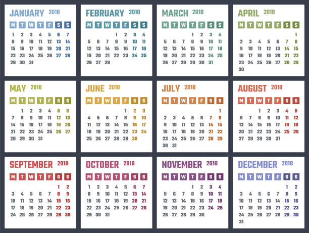 2018年日历周日开始，矢量日历设计2018年图片下载