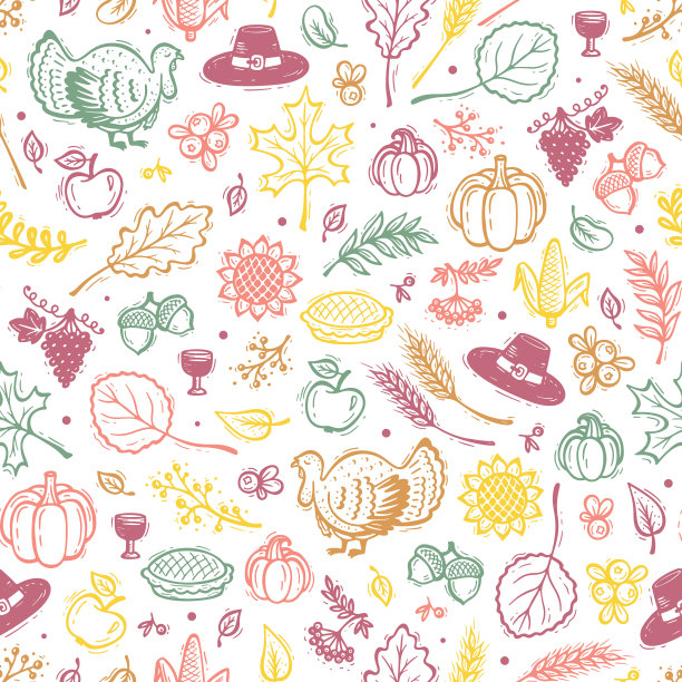 感恩节向量背景。秋收符号无缝图案。手绘涂鸦火鸡鸟，浆果，水果，蔬菜，叶子，小麦的耳朵，感恩节帽子和南瓜派图片下载