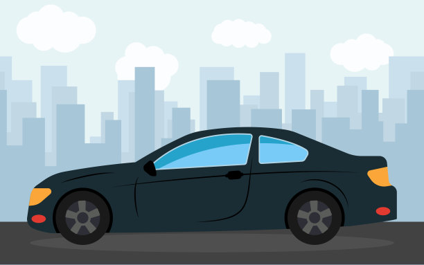 黑色跑车在下午的摩天大楼的背景图片下载