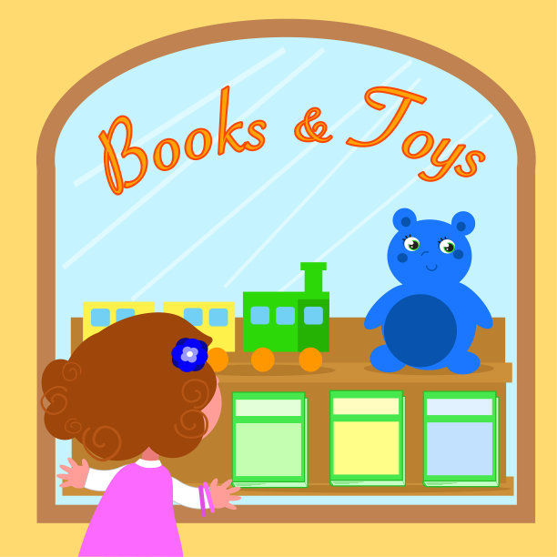 可爱的女孩看着书和玩具商店图片下载