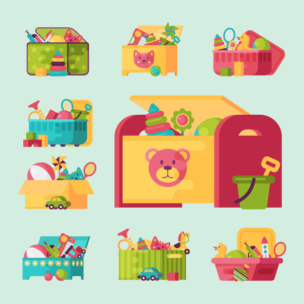 完整的儿童玩具在盒子里的孩子玩童年婴儿室容器矢量插图图片下载