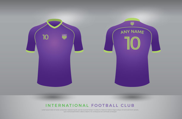 足球t恤设计统一的足球套装。足球俱乐部的足球运动衫模板。紫色和绿色的颜色，前和后视图衬衫模拟起来。足球或足球俱乐部矢量插图图片下载