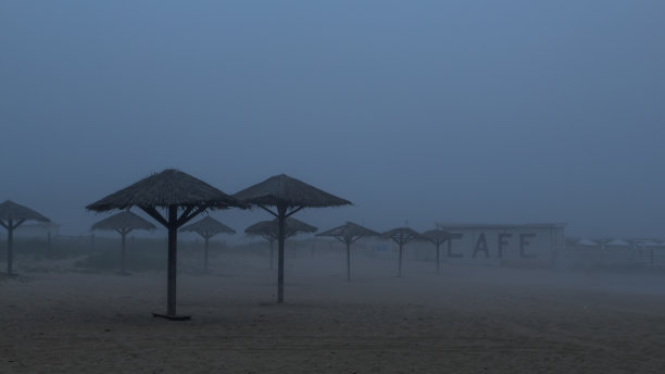 在一个有雾的日子里，海滩上用藤条做的雨伞图片下载