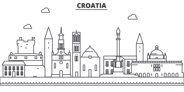 克罗地亚建筑线天际线插图。线性向量的城市景观与著名的地标，城市景观，设计图标。风景与可编辑的笔触图片下载