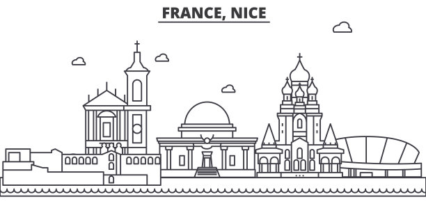 法国，尼斯建筑线天际线插图。线性向量的城市景观与著名的地标，城市景观，设计图标。风景与可编辑的笔触图片下载