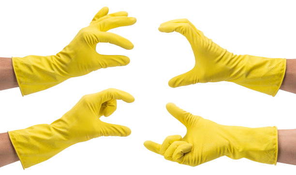 请戴上黄色手套进行清洁。一系列的手势。白色背景隔离图片下载