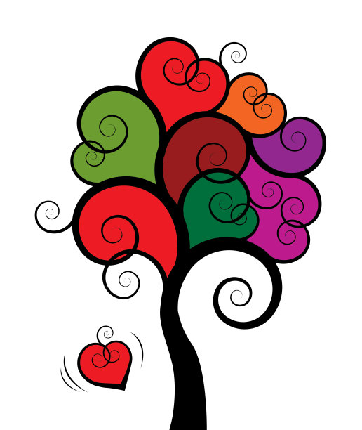 抽象树与色彩缤纷的心状叶子孤立在白色图片下载