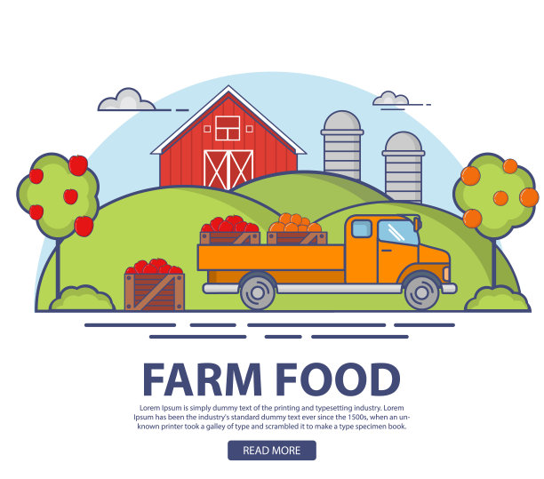 果园里有苹果和桔子树。成熟的水果。自然生态产品。运送木箱的卡车。在平面线性风格中，矢量。图片下载