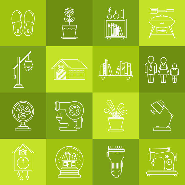 室内设计和家用电器线形艺术最小矢量图标设置在多色格子纹理图片下载