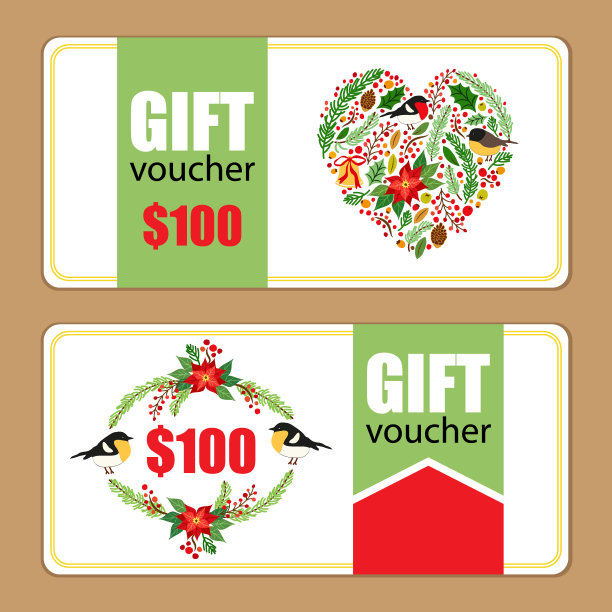 漂亮的礼品券模板与手绘圣诞和新年元素图片下载
