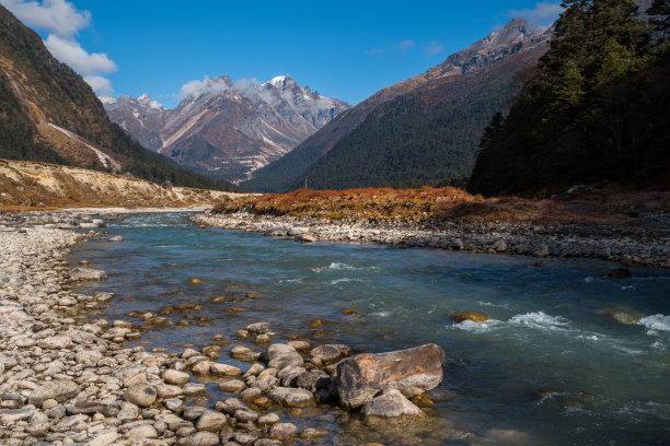 从河上冰川融解而成的拉冲山景，白天天气晴朗图片下载