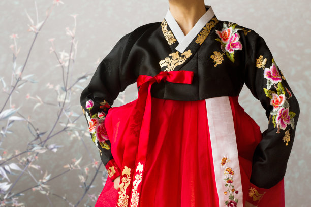 穿着韩国传统韩服，在东方花卉背景下的女人图片下载