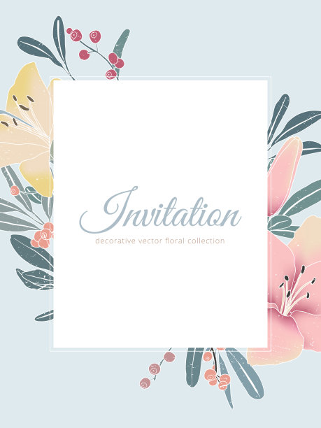 手绘粉色百合花，红莓叶和矩形框架在蓝色背景的邀请卡设计图片下载