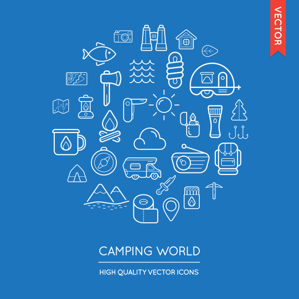 矢量集露营现代扁平薄的图标题写在圆形图片下载