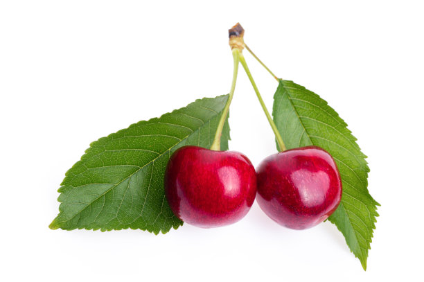 带叶子的成熟甜樱桃，孤立在白色上，近距离图片下载
