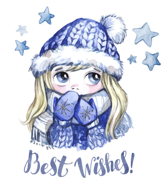 冬季节日插画。水彩可爱大眼女孩穿着暖和的衣服。新年贺卡。美好祝愿素材图片