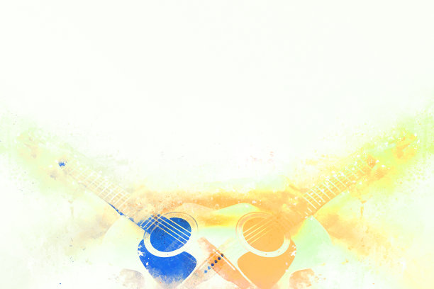 抽象美丽的吉他演奏在前景，水彩画背景和数字插画刷艺术。图片下载