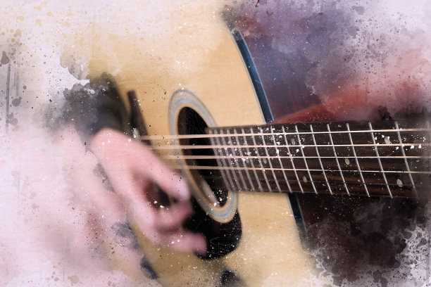 抽象美丽的吉他演奏在前景，水彩画背景和数字插画刷艺术。图片下载