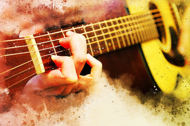 抽象美丽的吉他演奏在前景，水彩画背景和数字插画刷艺术。图片下载