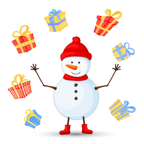 围巾雪人、靴子、手套和帽子新年圣诞贺卡，白色背景上的孤立卡通礼物素材图片