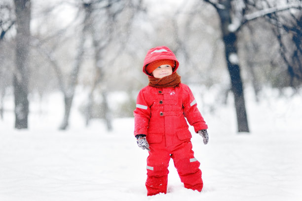 穿着红色冬装的小男孩与雪花嬉戏的肖像图片下载