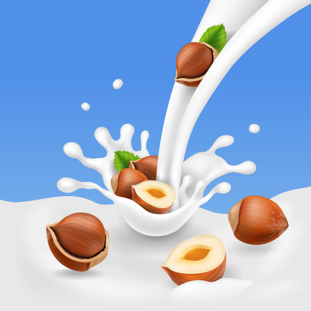 榛子和流动的牛奶。酸奶飞溅和坚果酸奶现实图片下载