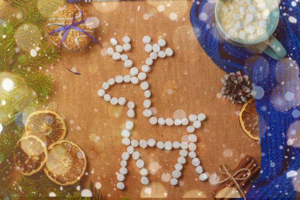 圣诞背景有冷杉木，鹿，围巾，干橙，蛋筒，饼干，肉桂图片下载