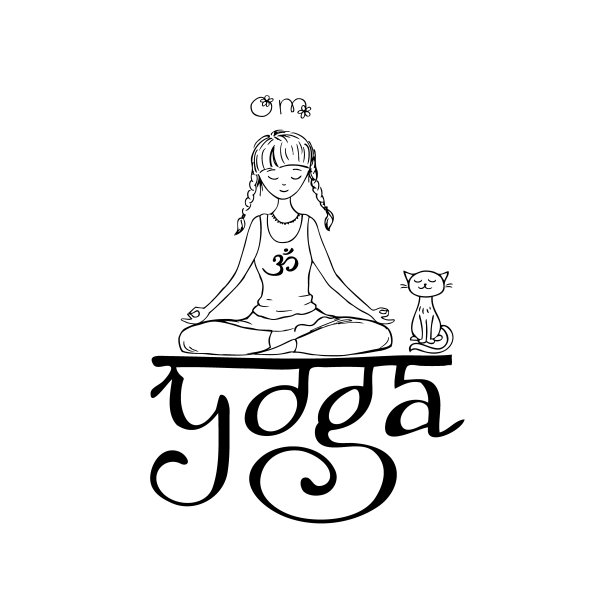 女孩在莲花瑜伽姿势。手绘矢量图。图片下载