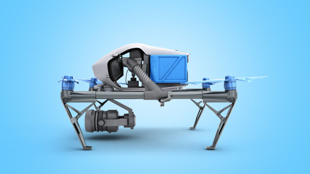 白色无人机四旋翼机与照片相机飞行在蓝天的概念航空电影3d渲染在蓝色图片下载