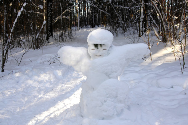 冬天的乐趣。孩子们正在树林里用雪堆雪人图片下载