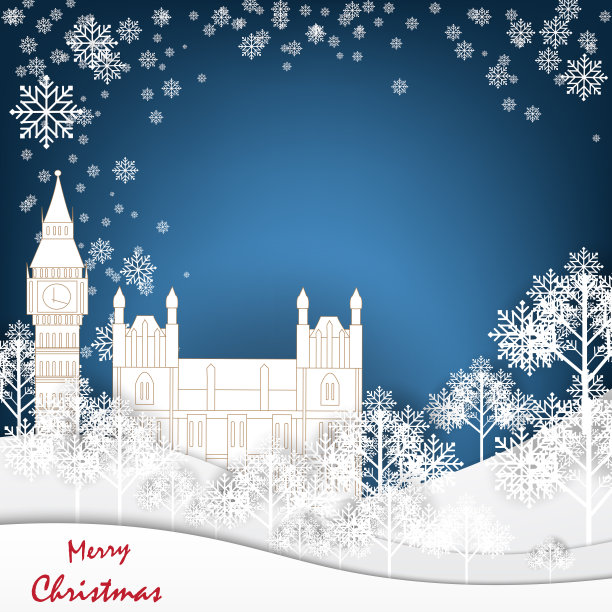 庆祝圣诞快乐，纸艺术与白色冬季雪城市在蓝色抽象背景，矢量插图图片下载