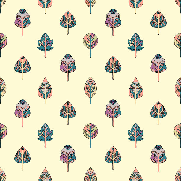 矢量手绘无缝图案，装饰树木风格化幼稚。涂鸦风格，部落图形插图。装饰性可爱手绘系列涂鸦、卡通、素描图案无缝衔接图片下载