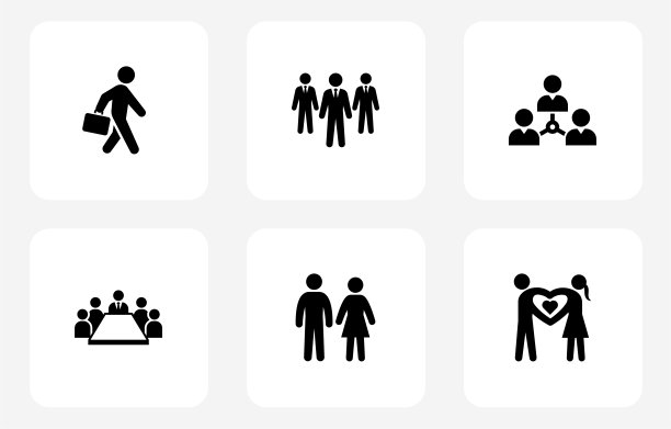 人们和现代生活图标设置在白色扁平方形按钮图片下载