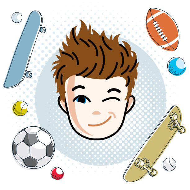 可爱的男孩脸，人的头。矢量红发字符，眨眼的孩子的脸特征，运动和娱乐剪贴画。图片下载