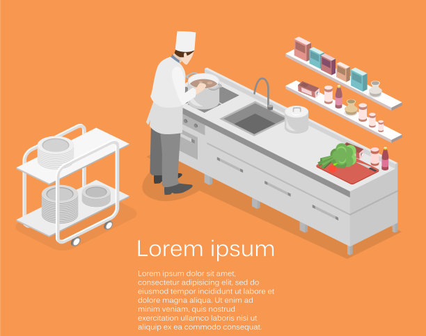 专业餐厅厨房内部等距平面三维矢量图片下载