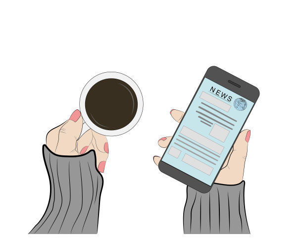 一位女士手里拿着一杯咖啡和一部播放新闻的智能手机。矢量插图。从以上观点。图片下载