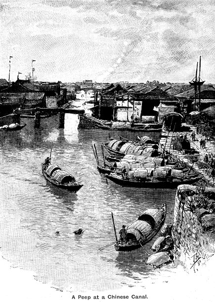 19世纪文章插图：运河和繁忙水道上的中国帆船；1893年素材图片