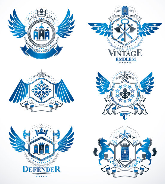 复古装饰纹章矢量标志由鹰翼、宗教十字架、军械库和中世纪城堡、动物等元素组成。收藏经典的象征性插图。图片下载