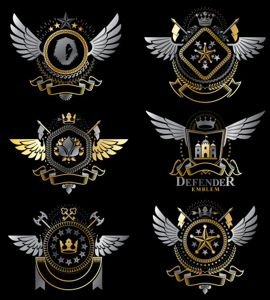 复古纹章设计模板，矢量标志创建与鸟的翅膀，王冠，星星，军械库和动物插图。收集复古风格符号。图片下载